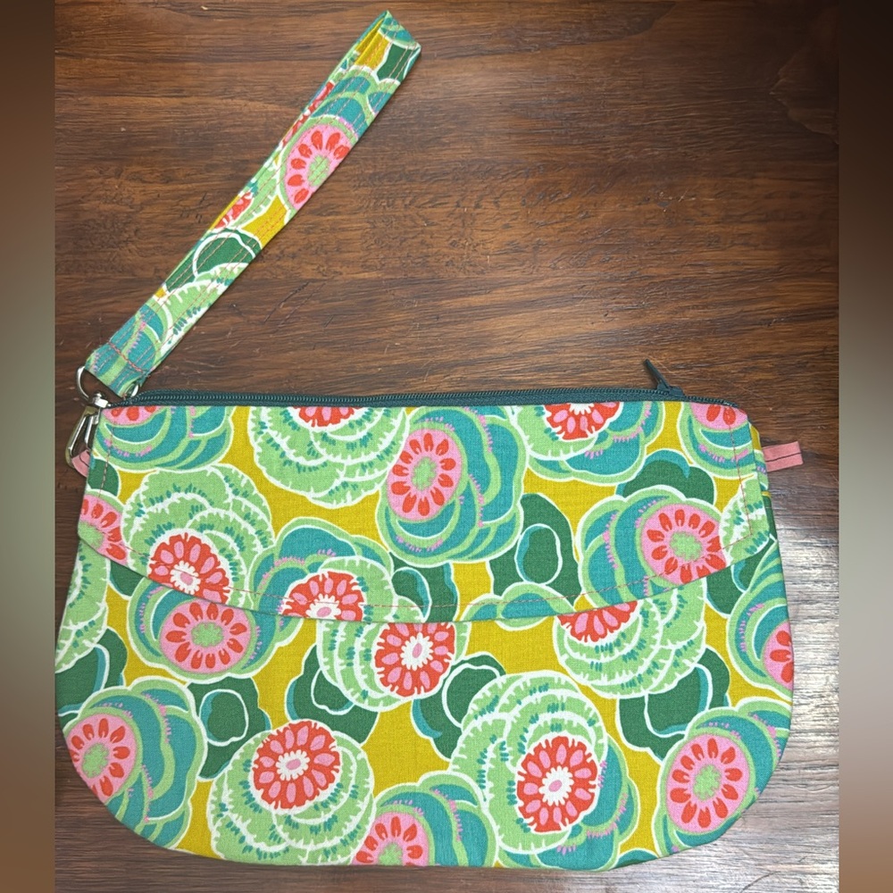 FLORAL WRISTLET CLUTH POUCH COSMETIC BAG YELLOW GREEN PINK